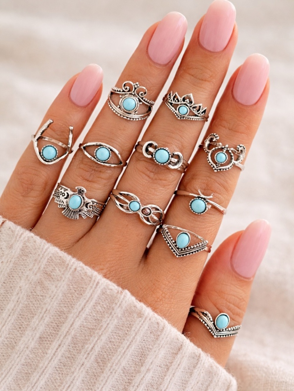 Boho Turquoise Silver Tone Midi and Stackable Ring Set - 11 Pieces